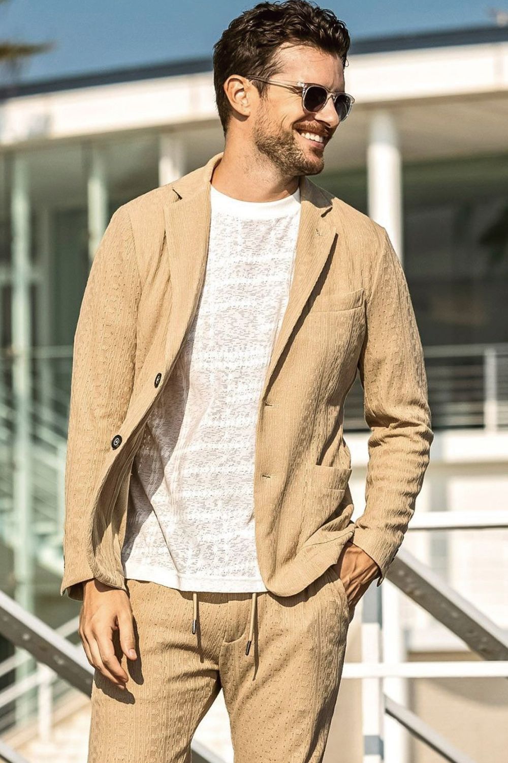 【26SS】【セットアップ】 LINEN TOUCH JACQUARD JACKET & SLACKS / リネンタッチ テーラードシングルジャケット&イージースラックス (ベージュ)