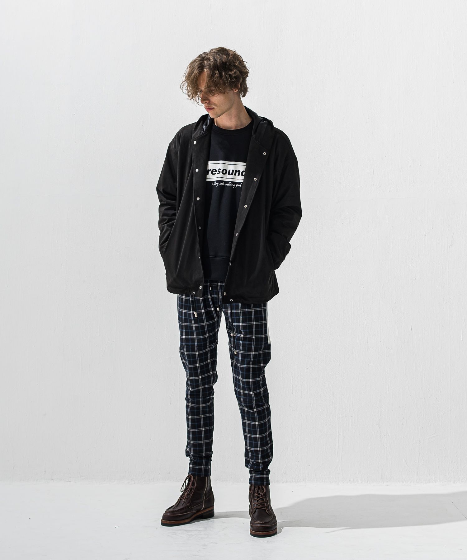 JT HEAT CHECK  PT / 裏起毛 ベロアフリース ワンタックラインパンツ (タータンブラック) (11月中旬入荷予定) ※オーダー締切:9月7日(月)17時