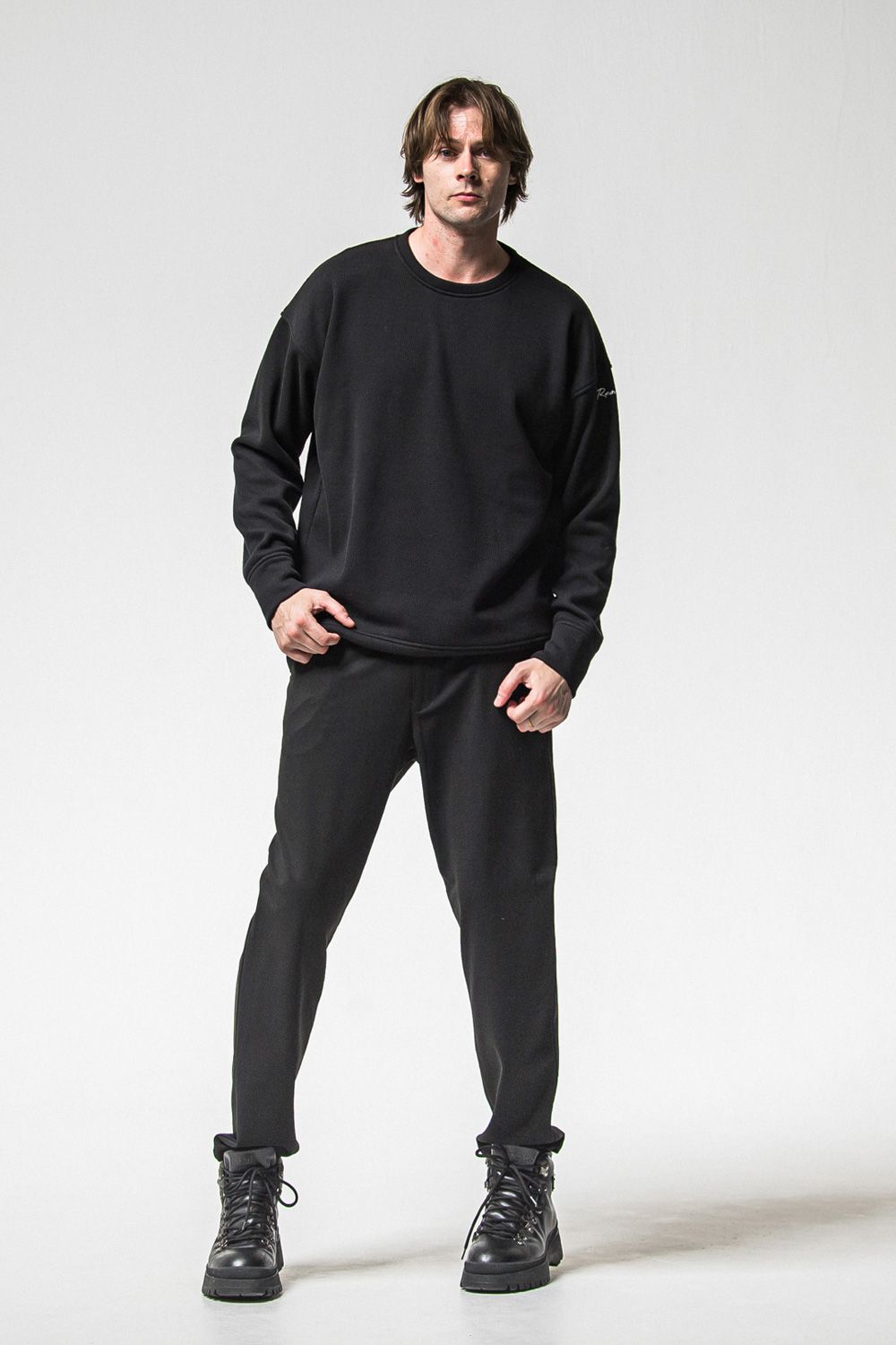 VELOURS FLEECE THERMAL  LOOSE TRAINER / 裏起毛 サーマル生地 ロングスリーブ トレーナー (ブラック) (10月中旬入荷予定) ※オーダー締切：9月1日(月)18:00