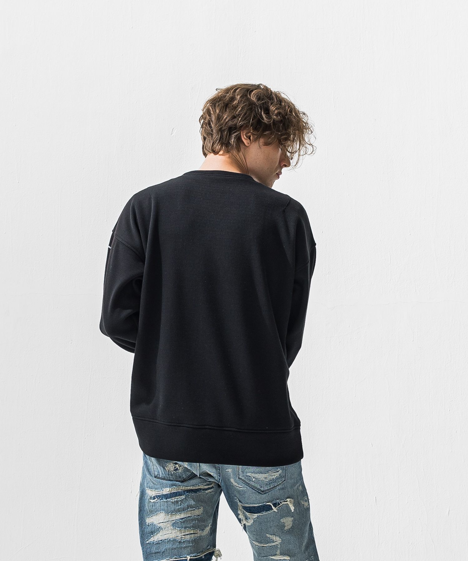 VELOURS FLEECE THERMAL  LOOSE TRAINER / 裏起毛 サーマル生地 ロングスリーブ トレーナー (ブラック) (10月下旬入荷予定) ※オーダー締切:9月7日(月)17時
