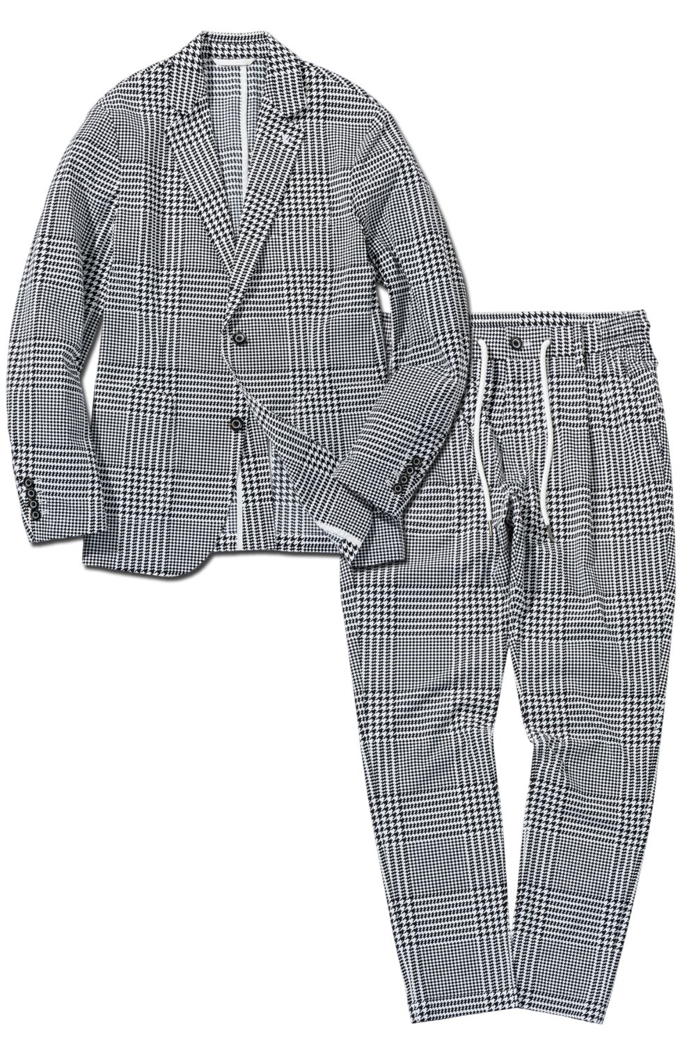 【26SS】【セットアップ】 GLEN CHECK NYLON JACKET & SLACKS / グレンチェック テーラードシングルジャケット&イージースラックス (ホワイト/ブラック) (2月上旬入荷予定)