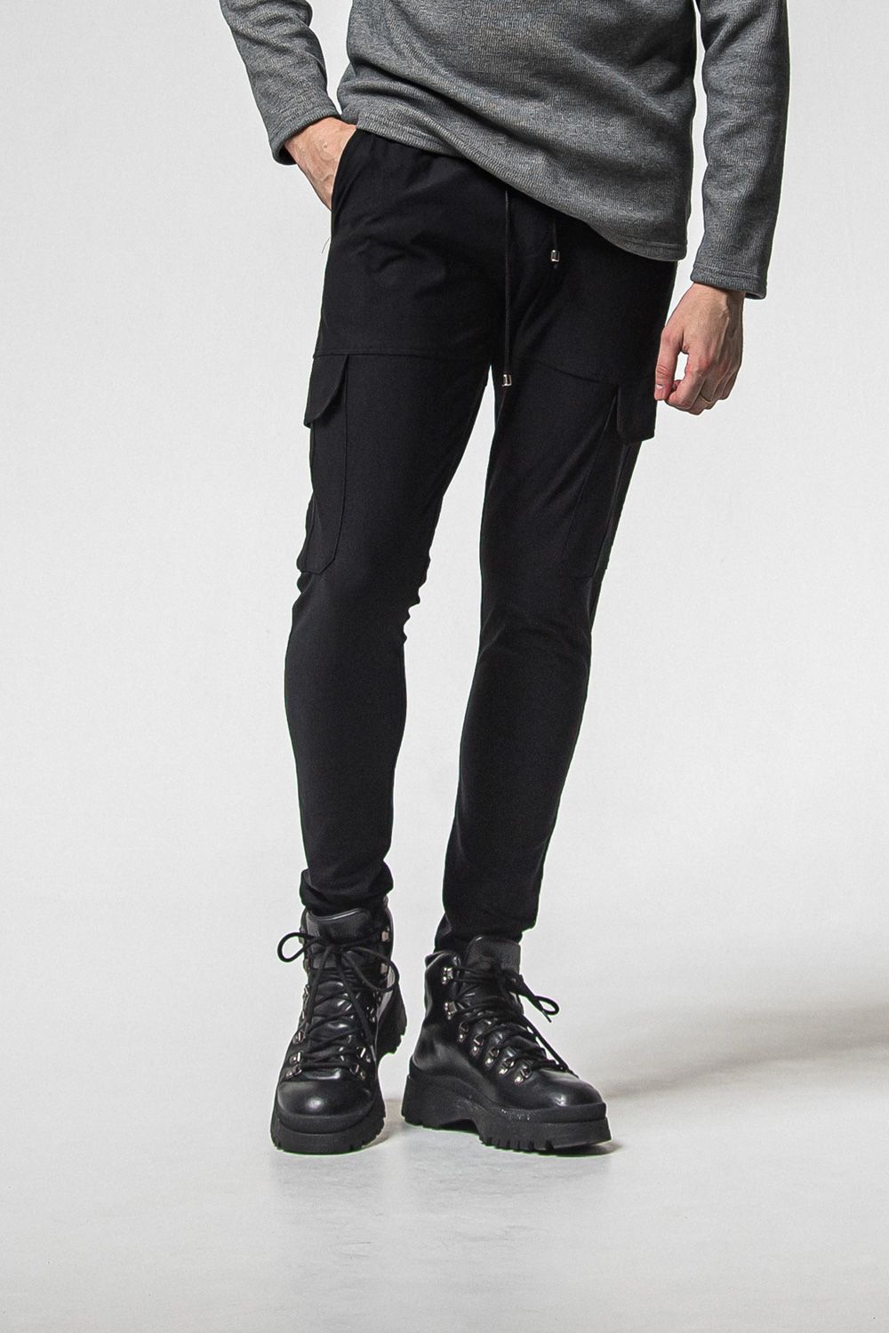 DARRELL HEAT CARGO PT / 【定番商品】 裏起毛 エコレザーサイドライン カーゴパンツ (ブラック) (11月上旬頃入荷予定) ※オーダー締切：9月1日(月)18:00