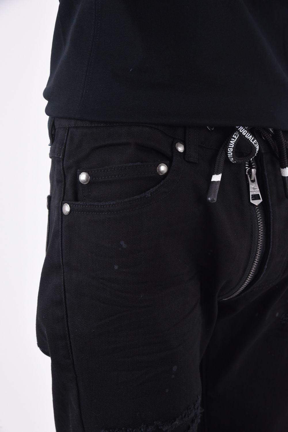 DENIM PANTS / フェイクファスナー ボタンフライ ダメージデニム ブラック