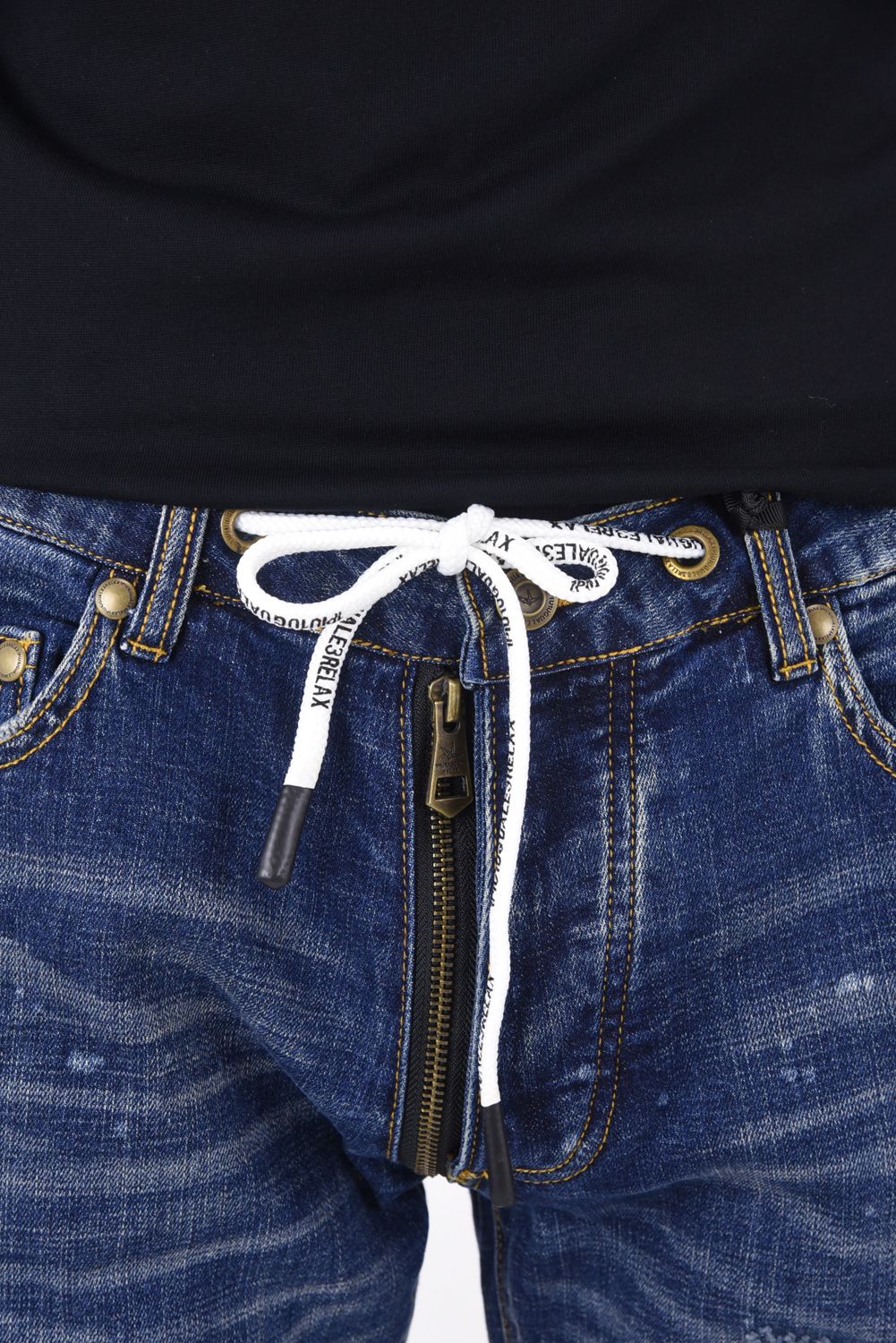 DENIM PANTS / フェイクファスナー ボタンフライ ダメージデニム インディゴ