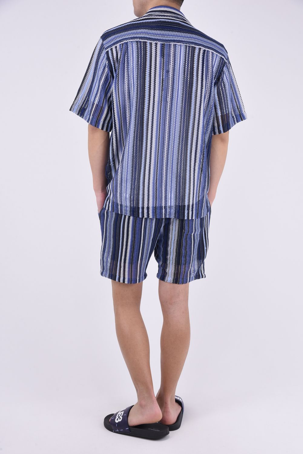 GAP KNIT STRIPED SHIRT / 透かし編み ストライプニット シャツ ブルー