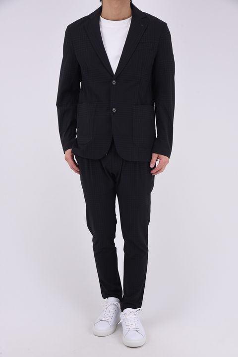 【26SS】【セットアップ】 GLEN CHECK NYLON JACKET & SLACKS / グレンチェック テーラードシングルジャケット&イージースラックス (チャコール/ブラック)