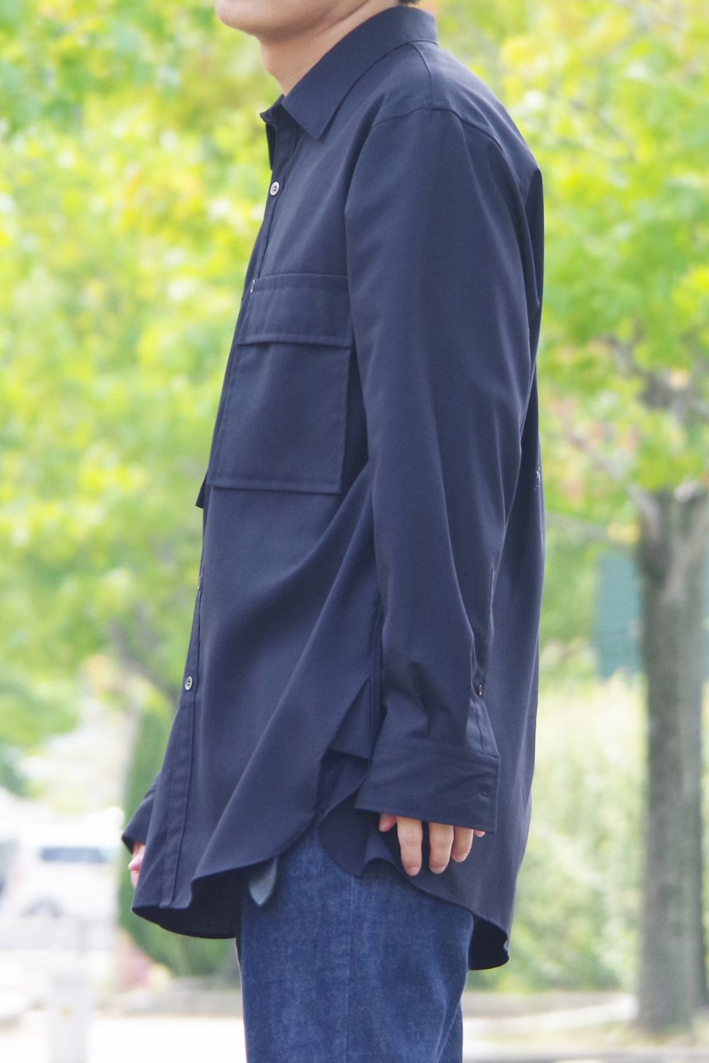 W POCKET SHIRT WOOL TROPICAL / ウォッシャブルウール ダブルポケットシャツ ネイビー