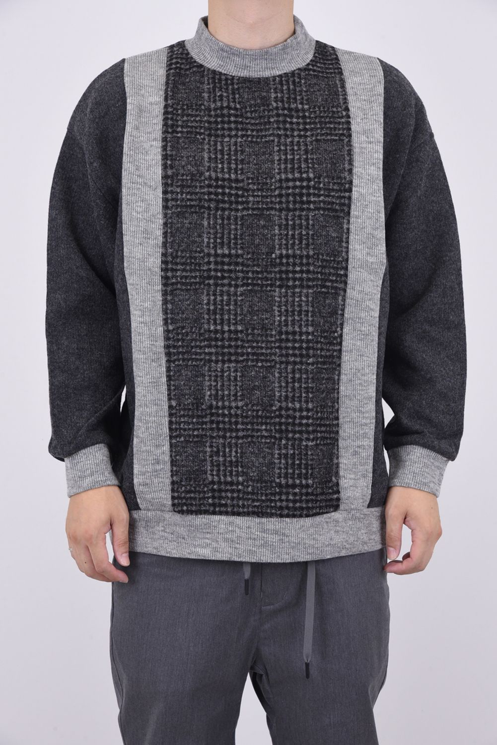 MOCK NECK CONTRASTED PULLOVER / グレンチェック モックネック ニット チャコール