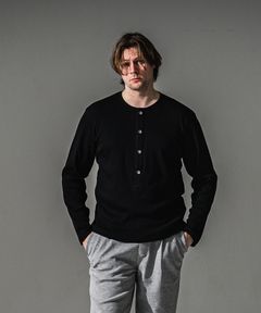 RIB HENRY LONGSLEAVE / ヘンリーネック リブニットロングスリーブTシャツ (ブラック) (7月中旬入荷予定) ※オーダー締切:5月23日(土)17時