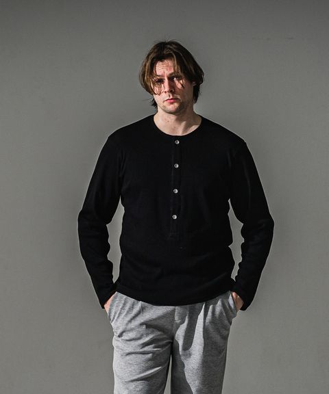 RIB HENRY LONGSLEAVE / ヘンリーネック リブニットロングスリーブTシャツ (ブラック) (7月中旬入荷予定)