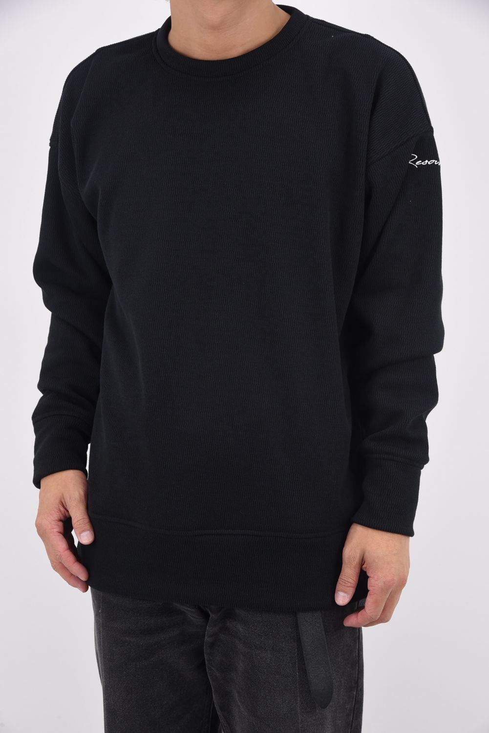 VELOURS FLEECE THERMAL  LOOSE TRAINER / 裏起毛 サーマル生地 ロングスリーブ トレーナー (ブラック)