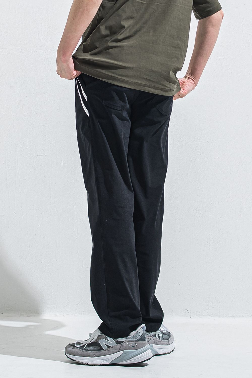 EDGE NYLON SEMI WIDE PT / ナイロンマイクロファイバー エコレザーライン セミワイド イージーパンツ (ブラック/ホワイト) (4月末入荷予定) ※オーダー締切:2月15日(日)18時