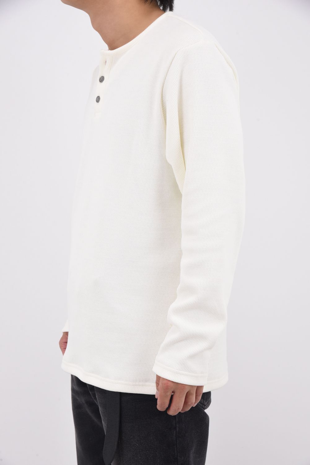 VELOURS FLEECE THERMAL HENRY / 裏起毛 サーマル生地 ロングスリーブ ヘンリーネック (ホワイト)