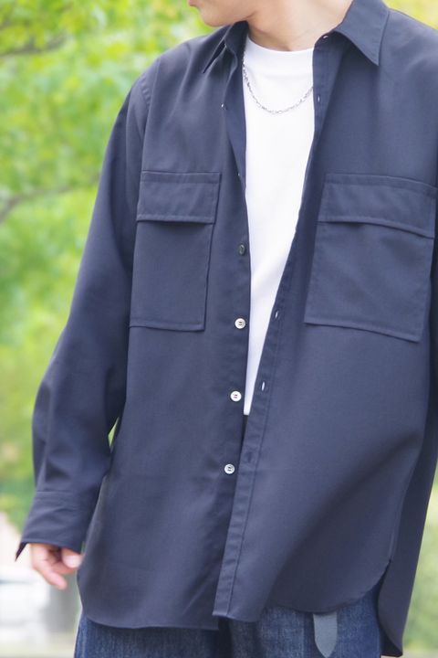 W POCKET SHIRT WOOL TROPICAL / ウォッシャブルウール ダブルポケットシャツ ネイビー