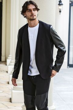 SLEEVE LEATHER COLLARLESS JACKET / レザースリーブ ノーカラー ジャケット (ブラック)