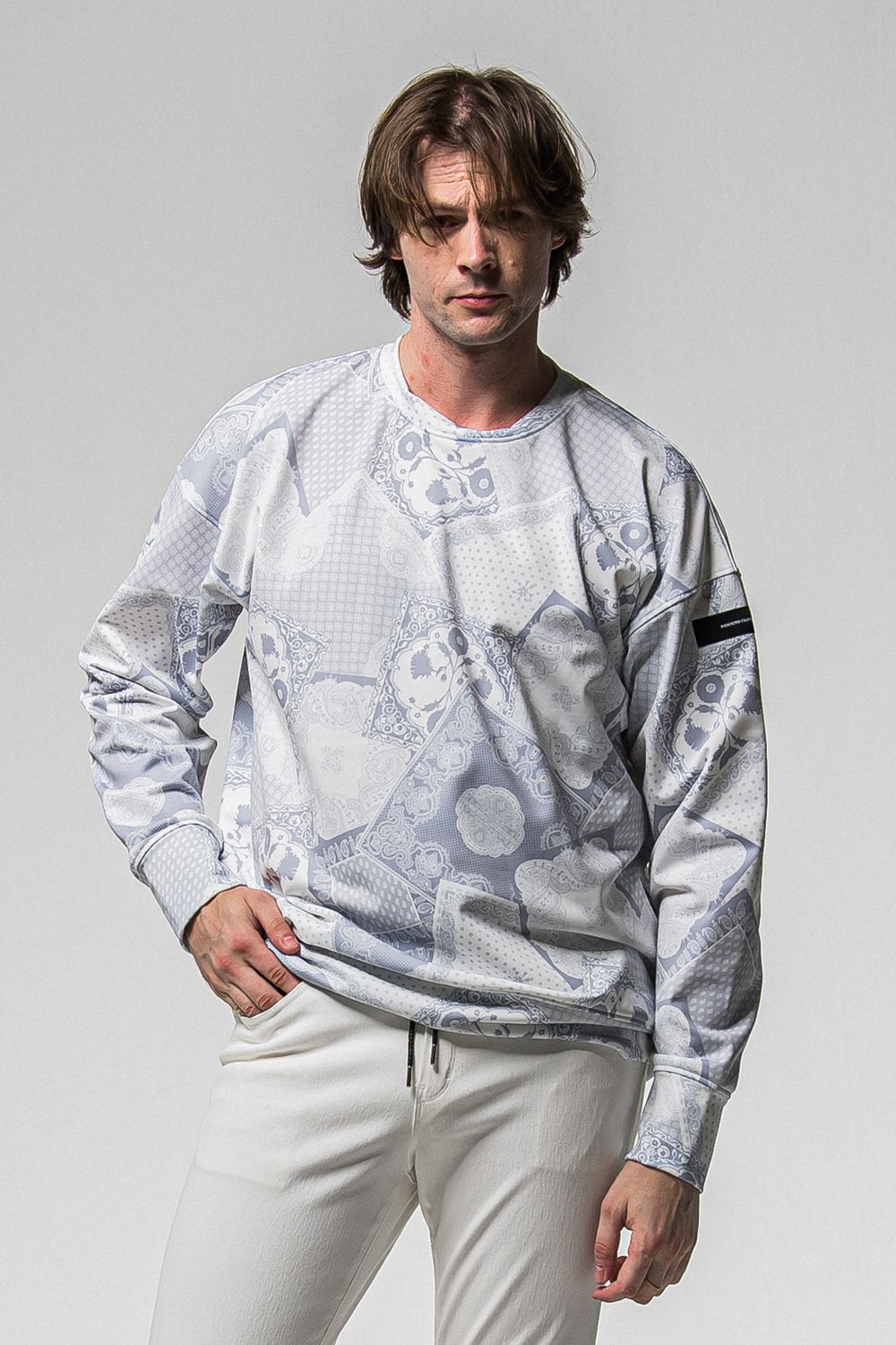 PAISLEY  BACK FLEECE DROP TRAINER / 裏起毛 ペイズリー柄 ルーズ トレーナー (グレー) (10月中旬入荷予定) ※オーダー締切：9月1日(月)18:00