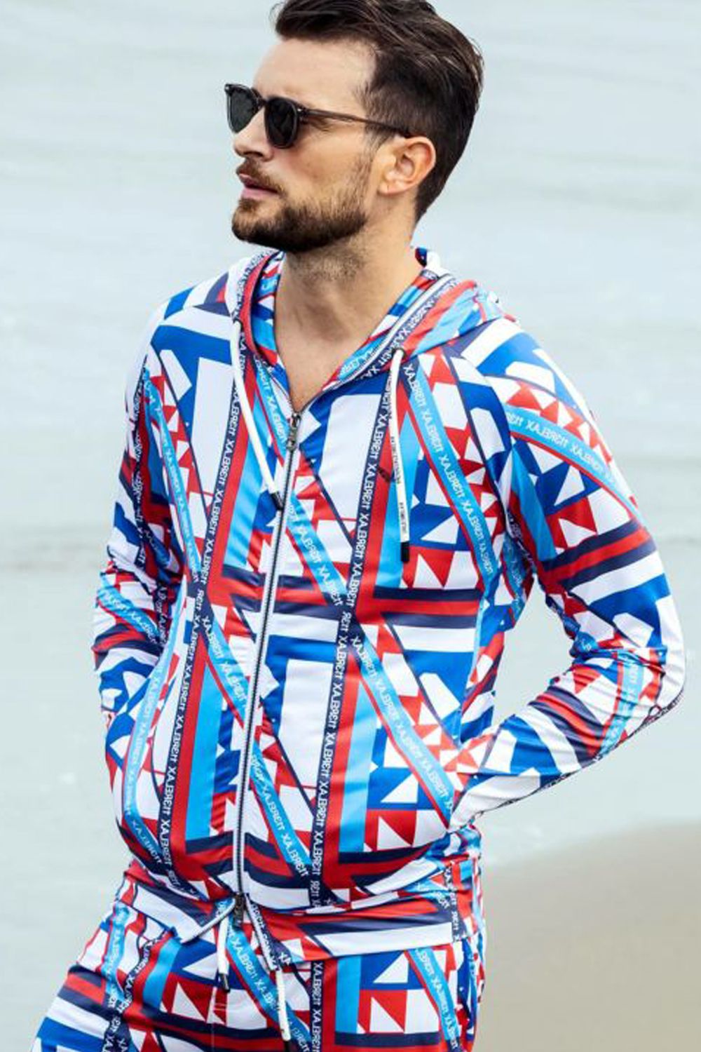 GEOMETRIC HOODIE / ジオメトリック柄 ラッシュガードパーカー レッド×ホワイト