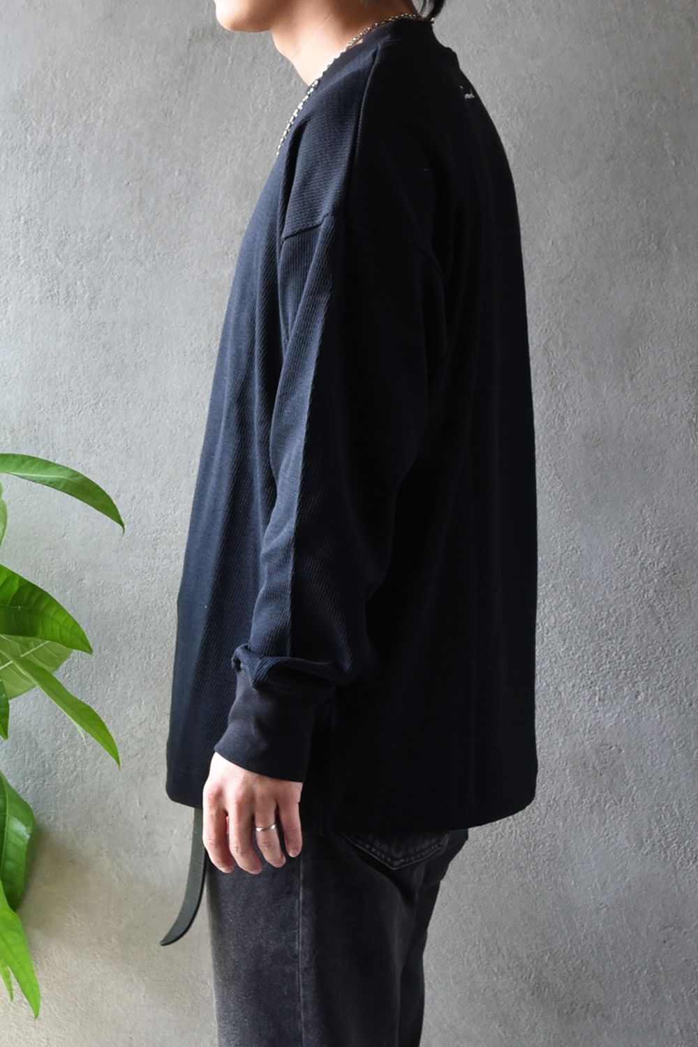 【gossip 20th別注アイテム】 DRAWSTRING THERMAL LOOSE CUTSEW / ドローストリング 特注サーマル ロングスリーブTシャツ  (ブラック)