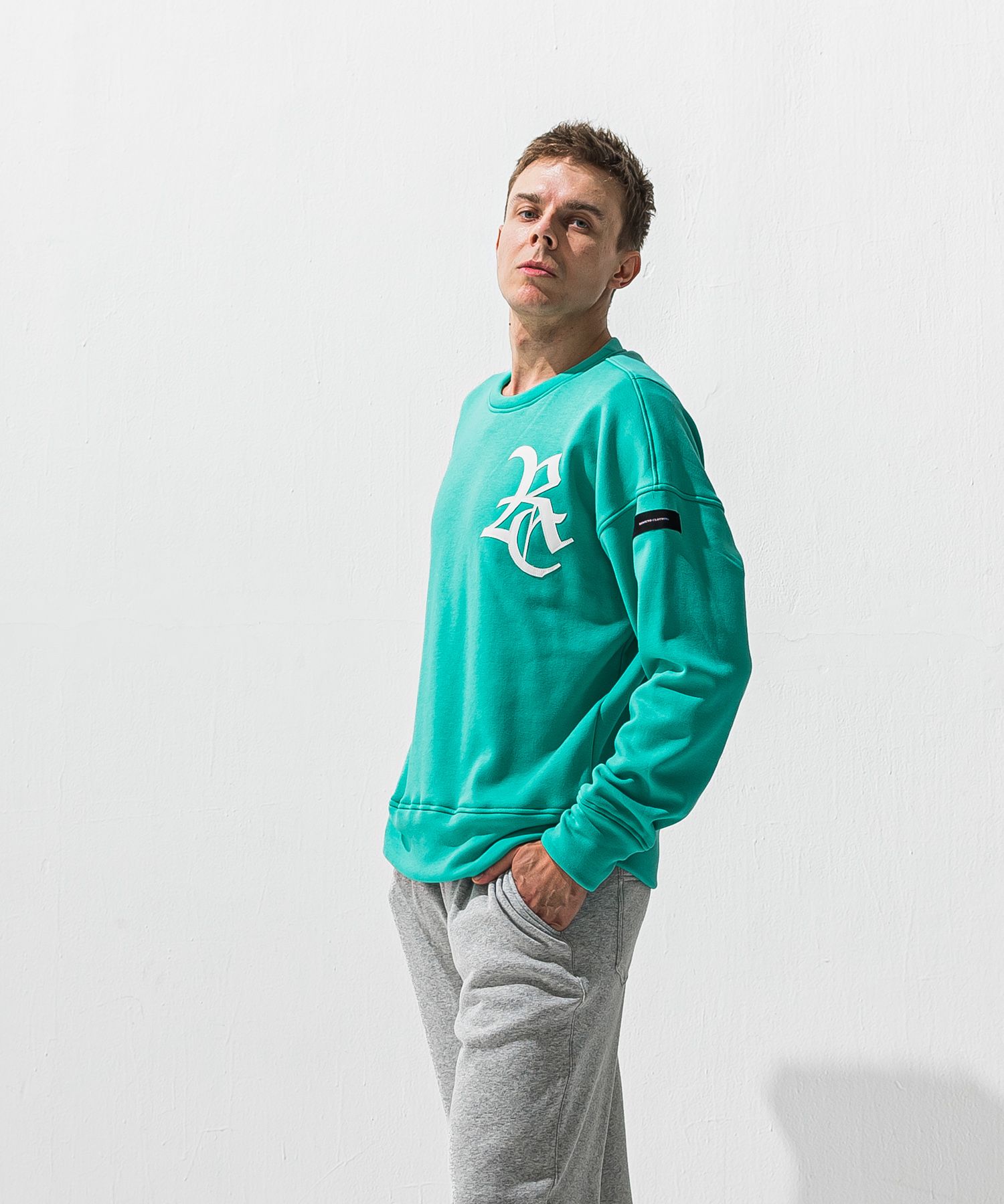 RC CHENILLE VELOURS FLEECE DROP TRAINER / サガラ刺繍ワッペン 裏起毛 ルーズトレーナー (ブルーグリーン) (11月上旬入荷予定) ※オーダー締切:9月7日(月)17時