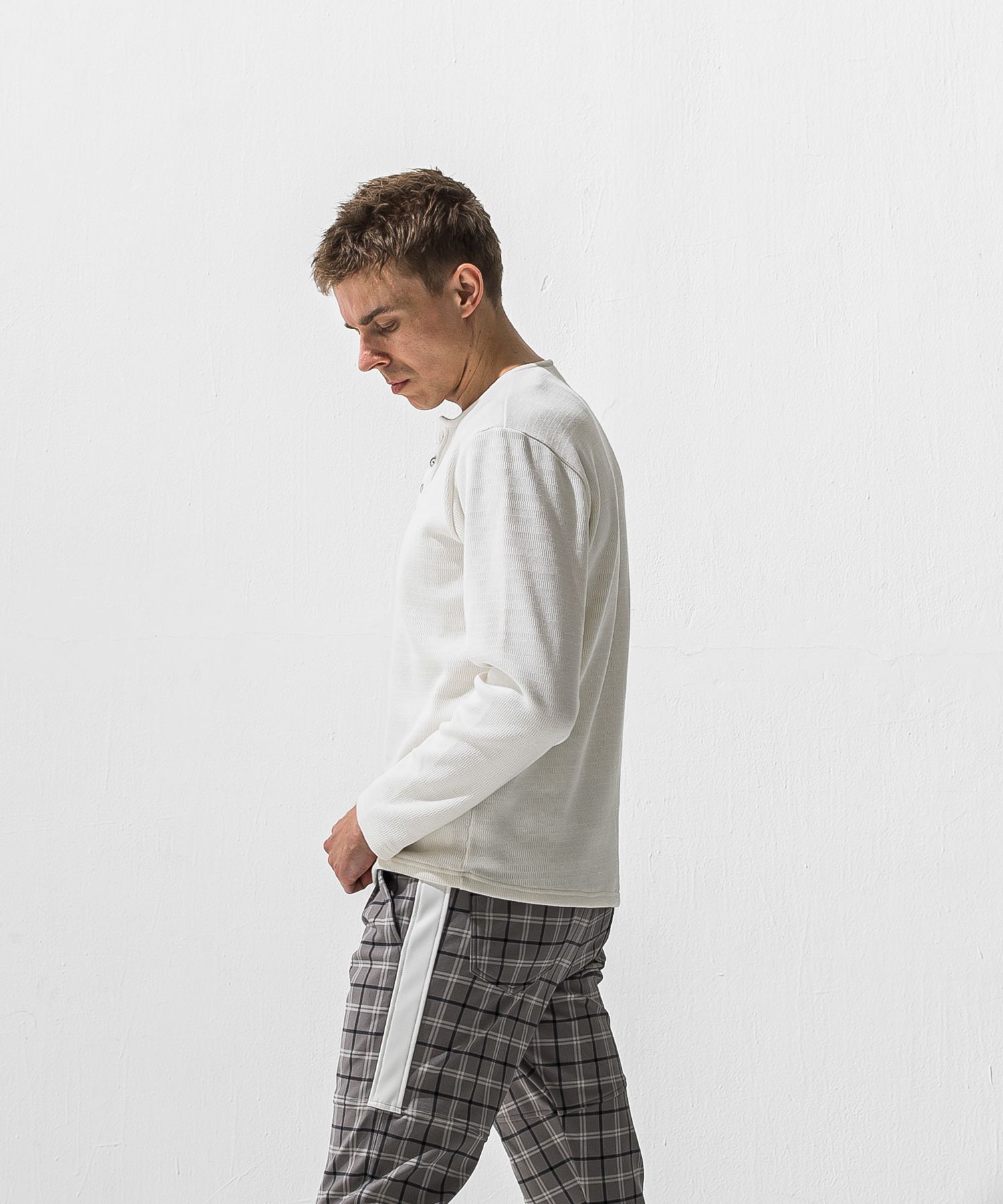 VELOURS FLEECE THERMAL HENRY / 裏起毛 サーマル生地 ロングスリーブ ヘンリーネック (ホワイト) (10月下旬入荷予定) ※オーダー締切:9月7日(月)17時
