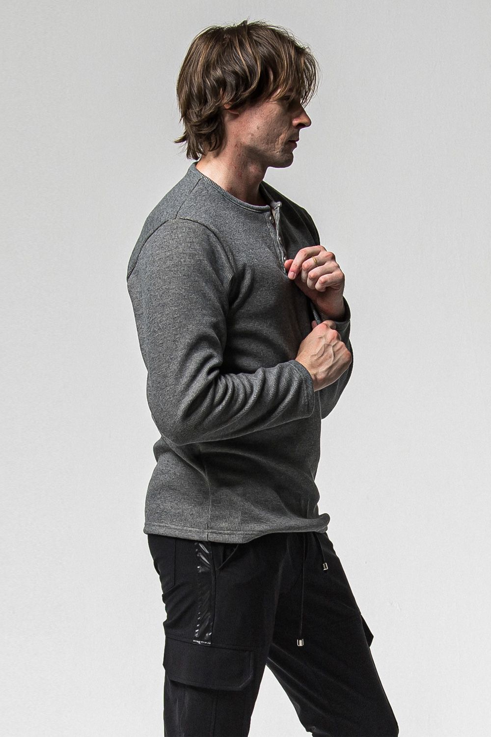 VELOURS FLEECE THERMAL HENRY / 裏起毛 サーマル生地 ロングスリーブ ヘンリーネック (グレー) (10月中旬入荷予定) ※オーダー締切：9月1日(月)18:00