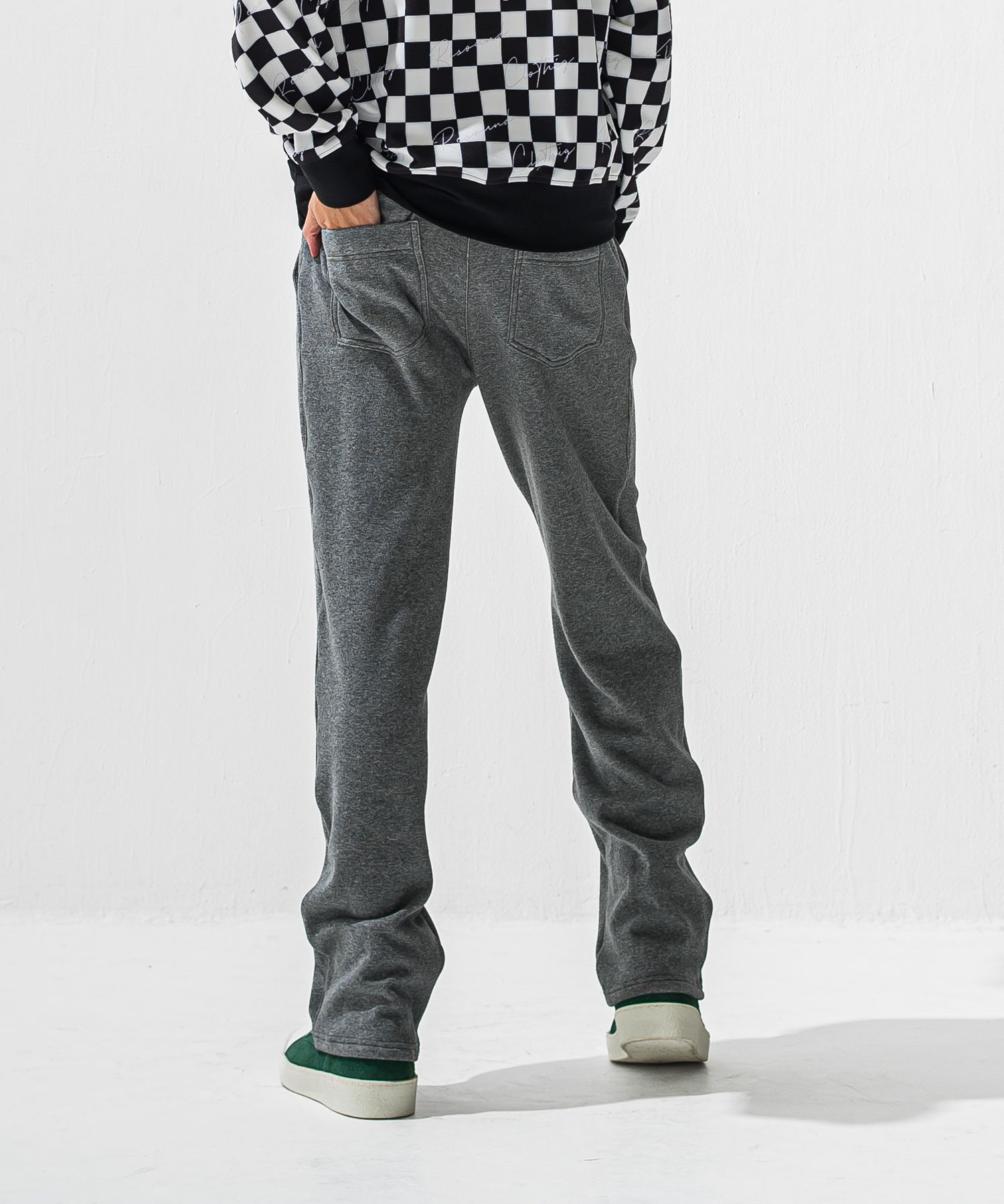 VELOURS FLEECE WIDE TUCK PANTS / 裏起毛 ベロアフリース セミワイド ワンタック イージーパンツ (チャコール) (11月中旬入荷予定) ※オーダー締切:9月7日(月)17時