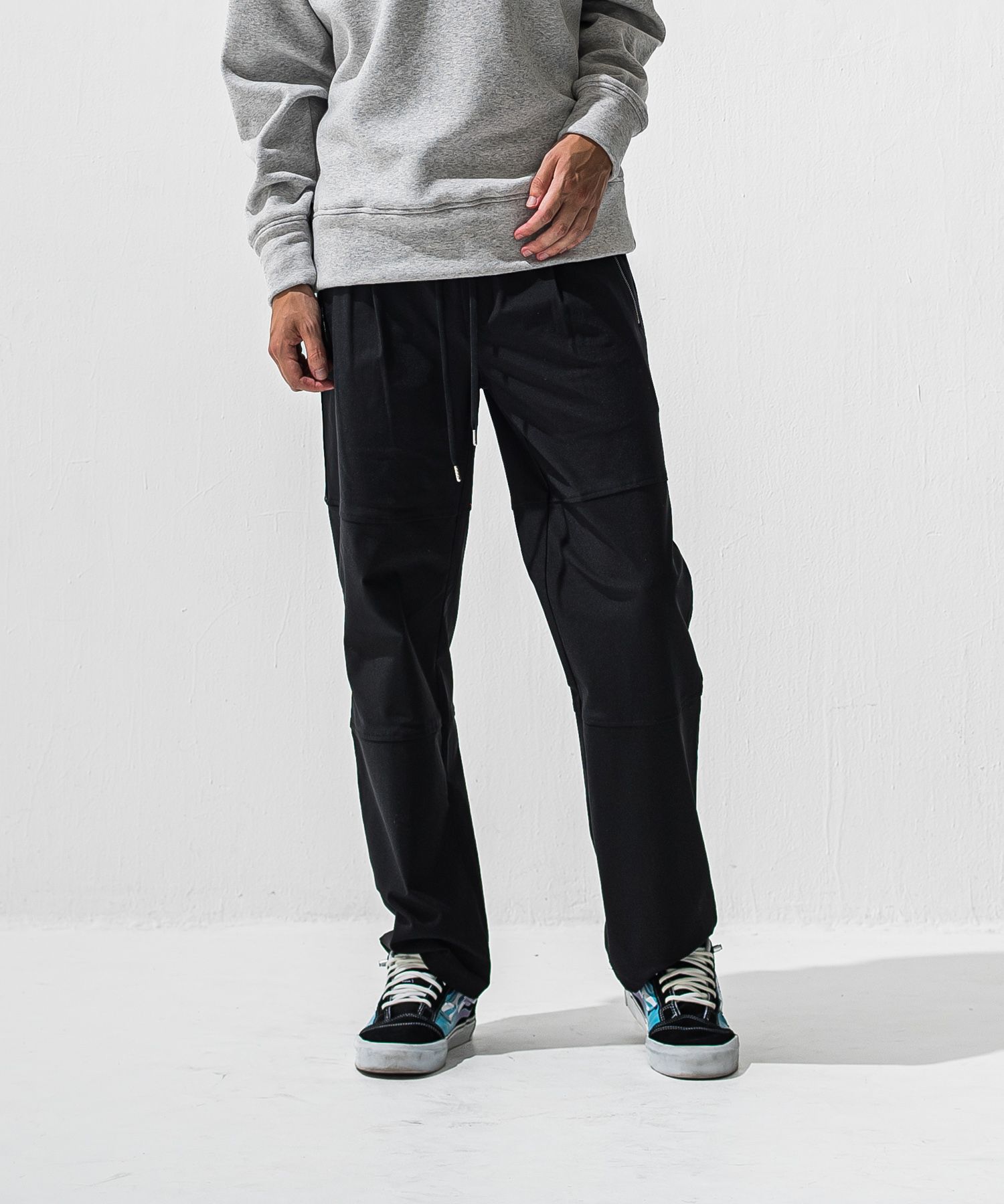 JOHNSON LINE HEATWIDE TUCK PT / 裏起毛 ハイブリットジャージー セミワイド ラインパンツ (ブラック/ブラック) (10月下旬入荷予定) ※オーダー締切:9月7日(月)17時