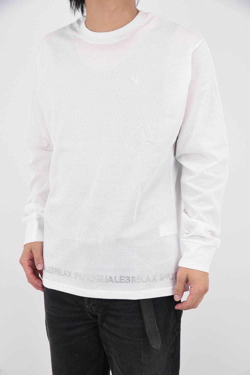 【25AW】 LONG T-SHIRT WITH RHINESTONE HEM / ラインストーンヘムシルケットロングTシャツ (ホワイト)