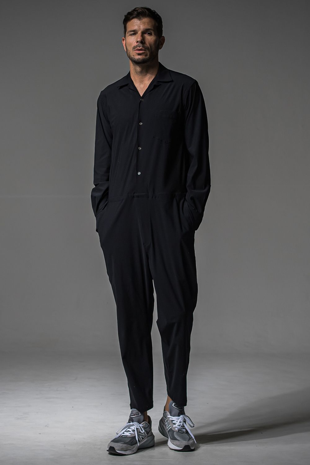 RAGE NYLON ALL IN ONE / ストレッチナイロン ロングスリーブ オープンカラーシャツ オールインワン (ブラック) (3月中旬入荷予定) ※オーダー締切12/13(土)17:00