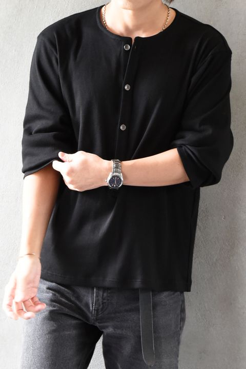 RIB HENRY LONGSLEAVE / ヘンリーネック リブニットロングスリーブTシャツ (ブラック)
