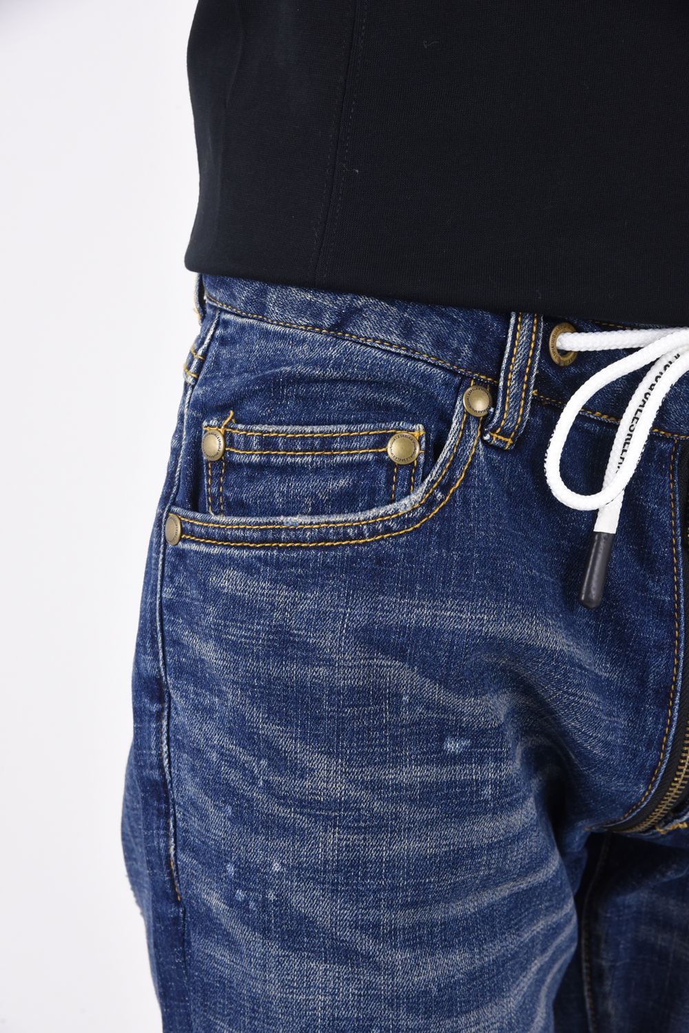 DENIM PANTS / フェイクファスナー ボタンフライ ダメージデニム インディゴ