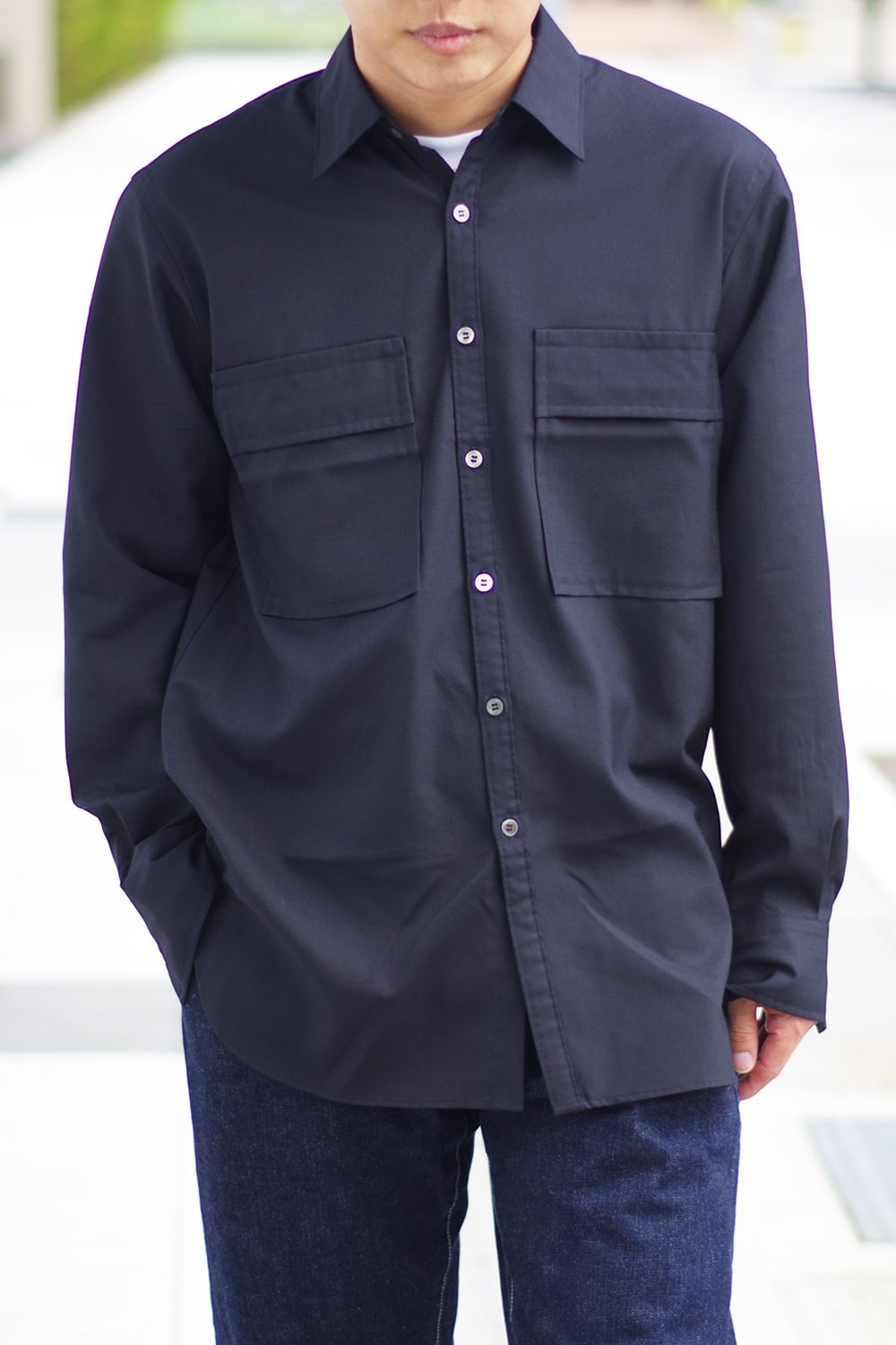 W POCKET SHIRT WOOL TROPICAL / ウォッシャブルウール ダブルポケットシャツ ネイビー
