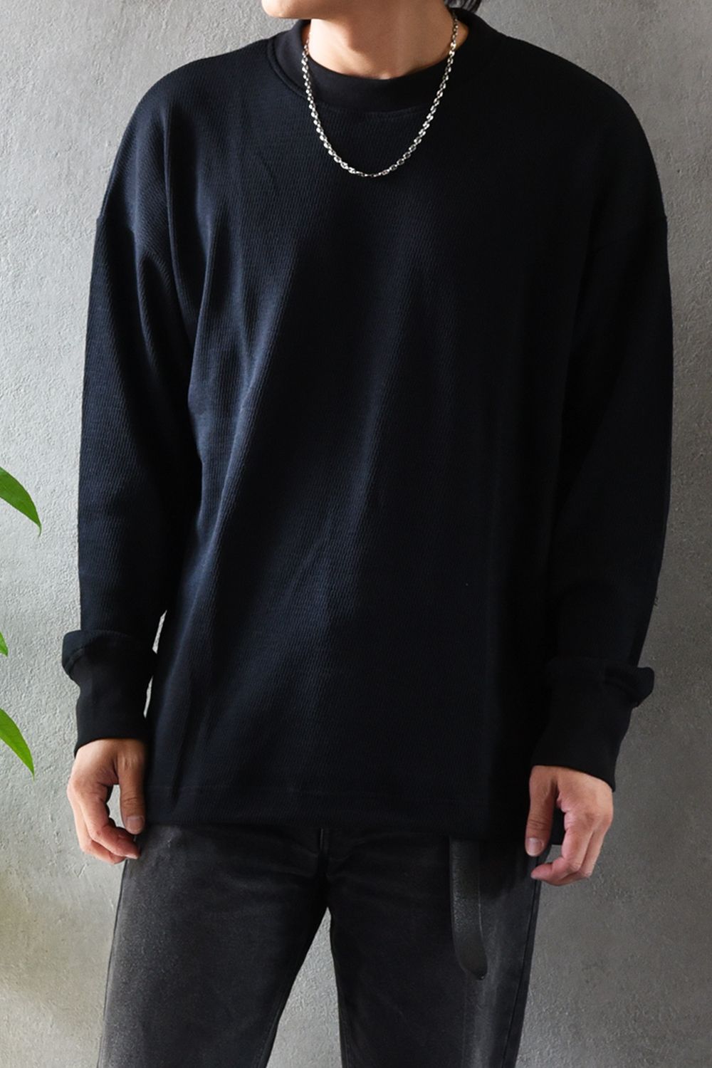 【gossip 20th別注アイテム】 DRAWSTRING THERMAL LOOSE CUTSEW / ドローストリング 特注サーマル ロングスリーブTシャツ  (ブラック)