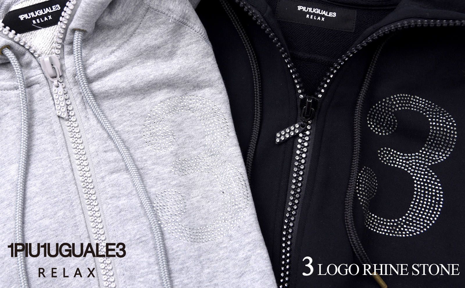 【1PIU1UGUALE3 RELAX】 ブランドを象徴する数字の「3」をラインストーンで描く | gossip