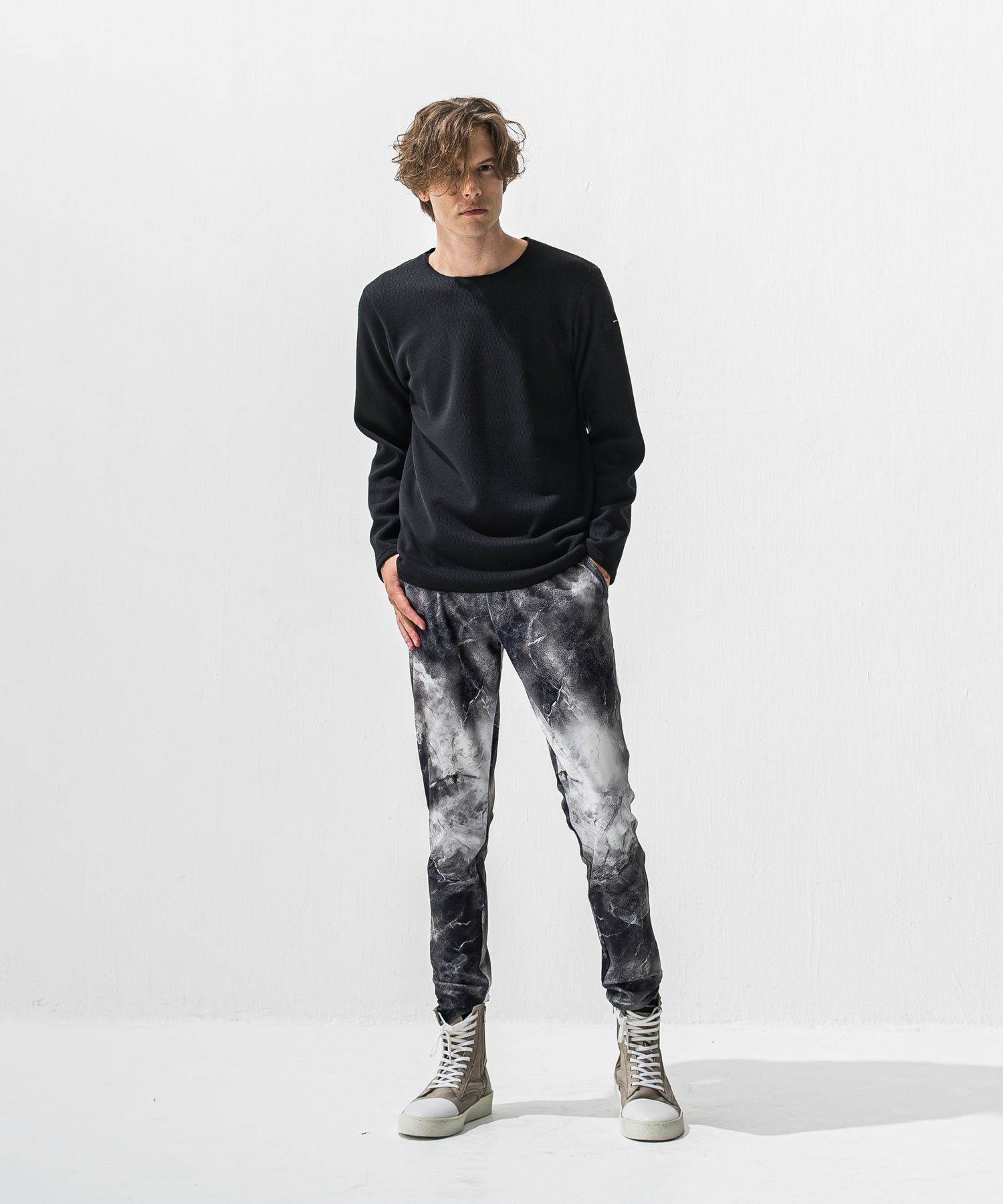 CHRIS EASY TUCK PANTS / ハイテンショントリコット スラックスイージータックパンツ (マーブルブラック) (1月上旬入荷予定) ※オーダー締切:9月7日(月)17時
