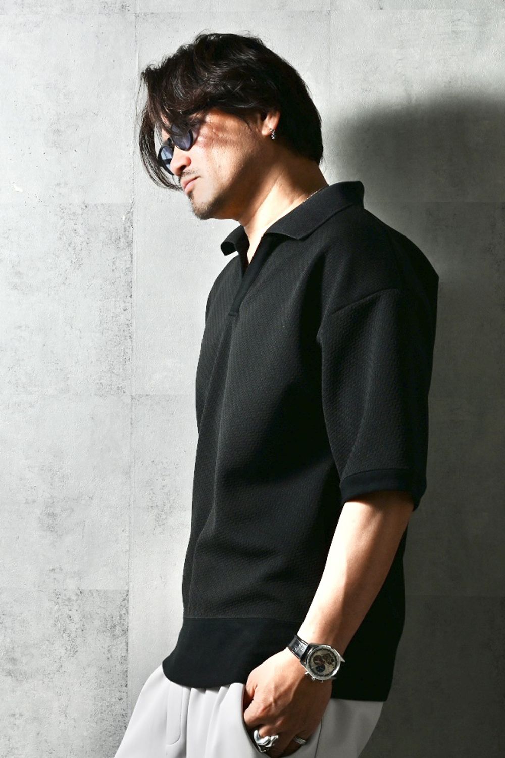 BLISTER POLO / ブリスタージャカード オーバーサイズ スキッパーポロシャツ (ブラック) (4月上旬入荷予定) ※オーダー締切12/13(土)17:00