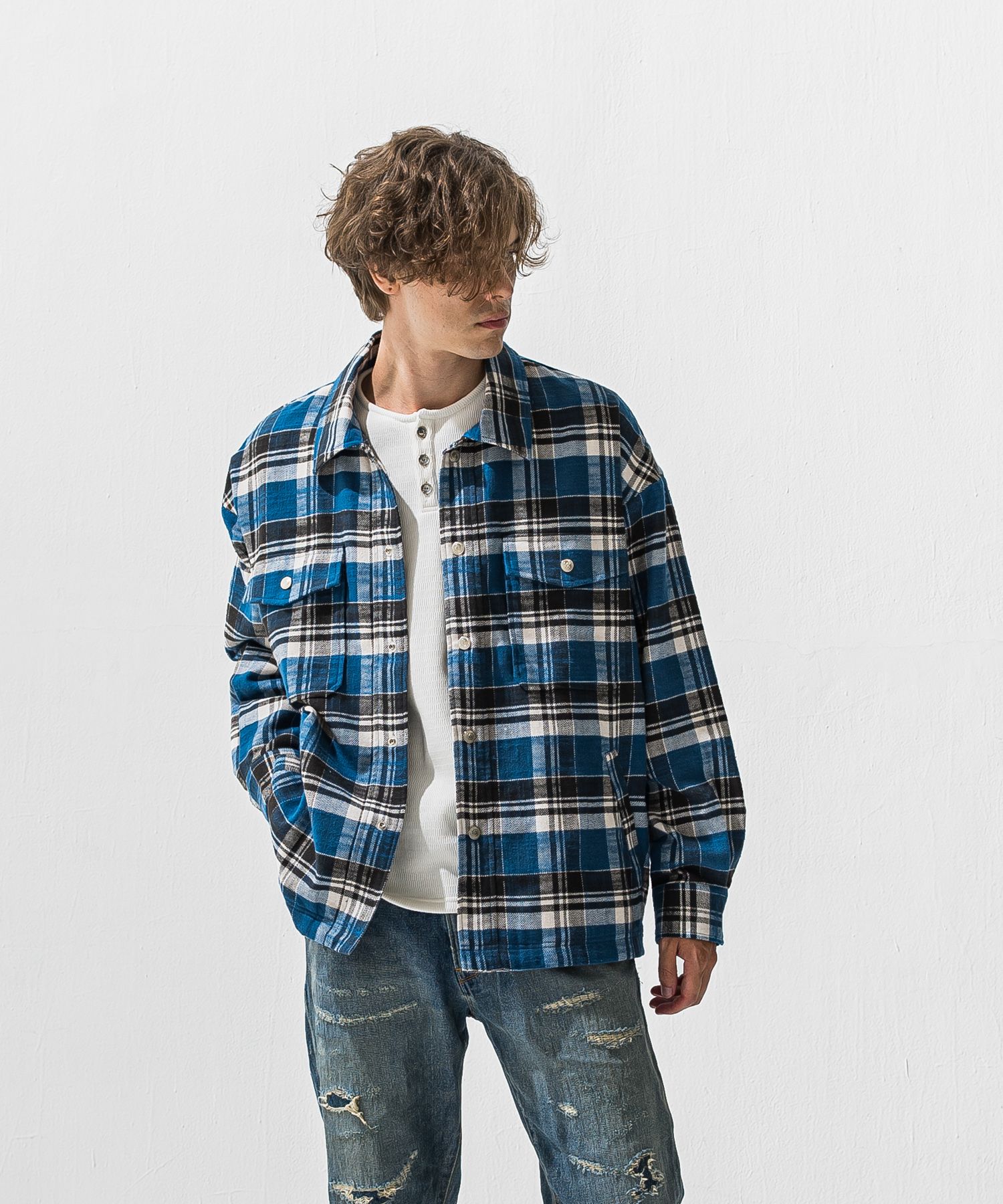 old slabl check  JK  / スラブチェック柄 オーバーサイズ ヴィンテージネルジャケット (ブルー) (12月末入荷予定) ※オーダー締切:9月7日(月)17時