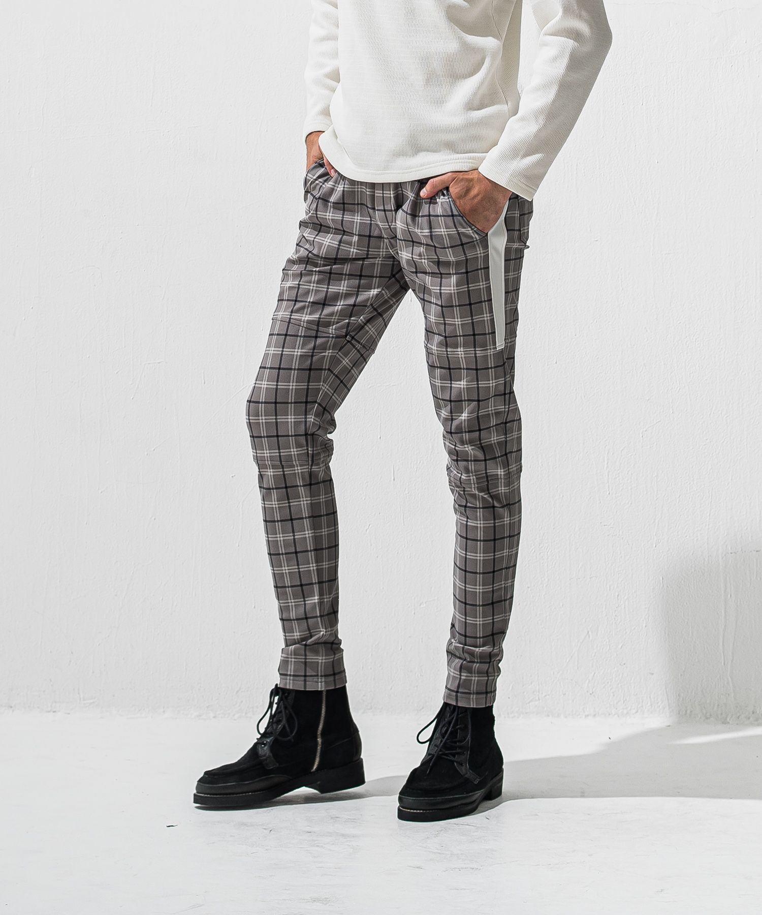 JT HEAT CHECK  PT / 裏起毛 ベロアフリース ワンタックラインパンツ (タータングレー) (11月中旬入荷予定) ※オーダー締切:9月7日(月)17時