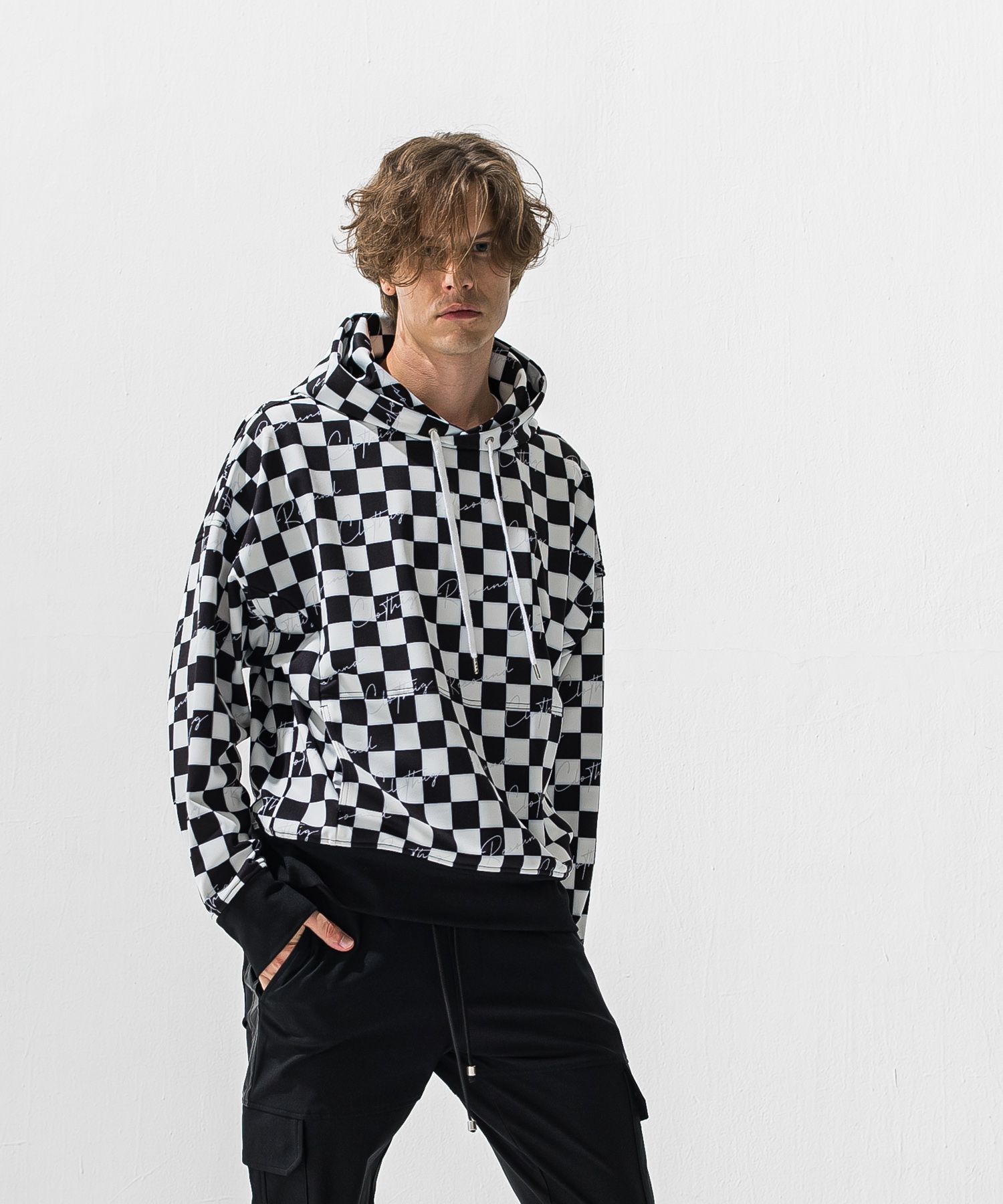 CHECKER BACK FLEECE HOODIE / チェッカーフラッグ 裏起毛フーディー (ホワイト/ブラック) (11月上旬入荷予定) ※オーダー締切:9月7日(月)17時