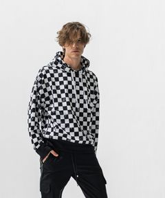 CHECKER BACK FLEECE HOODIE / チェッカーフラッグ 裏起毛フーディー (ホワイト/ブラック) (11月上旬入荷予定) ※オーダー締切:9月7日(月)17時