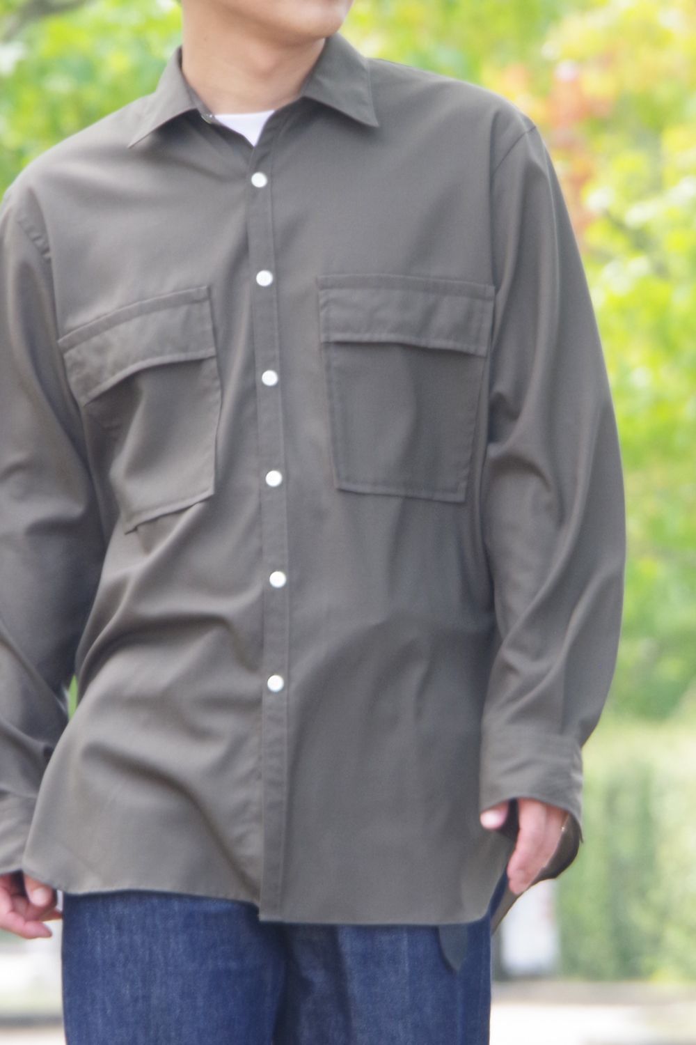 W POCKET SHIRT WOOL TROPICAL / ウォッシャブルウール ダブルポケットシャツ カーキ