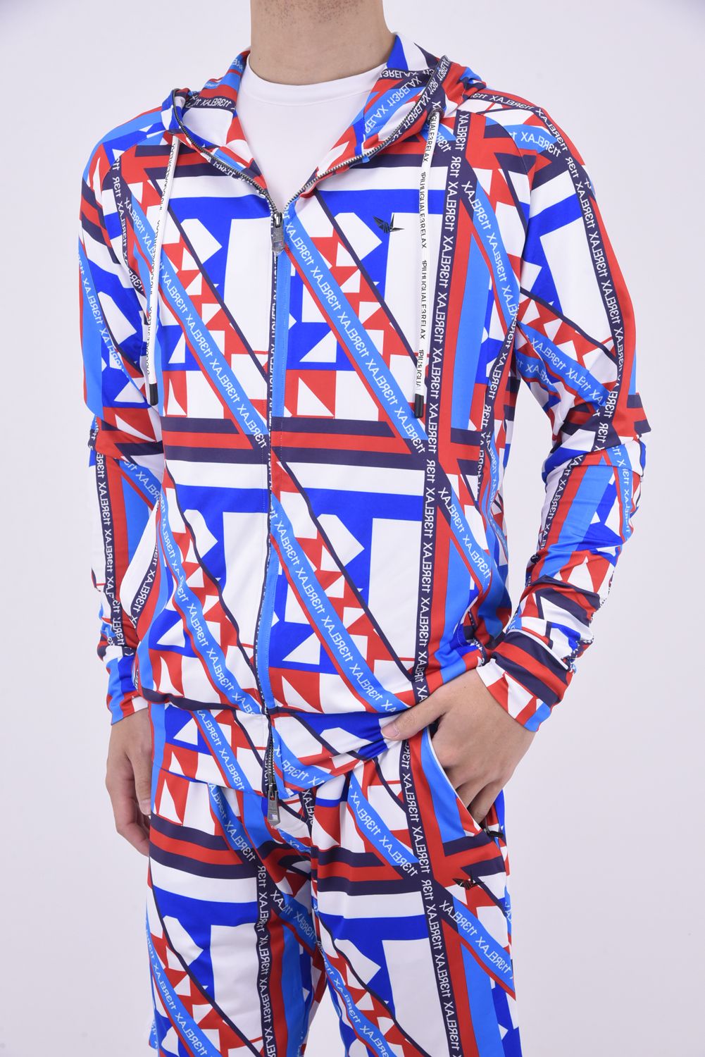 GEOMETRIC HOODIE / ジオメトリック柄 ラッシュガードパーカー レッド×ホワイト