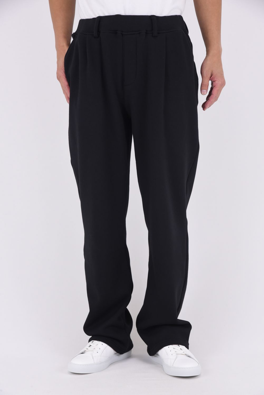 VELOURS FLEECE WIDE TUCK PANTS / 裏起毛 ベロアフリース セミワイド ワンタック イージーパンツ (ブラック)