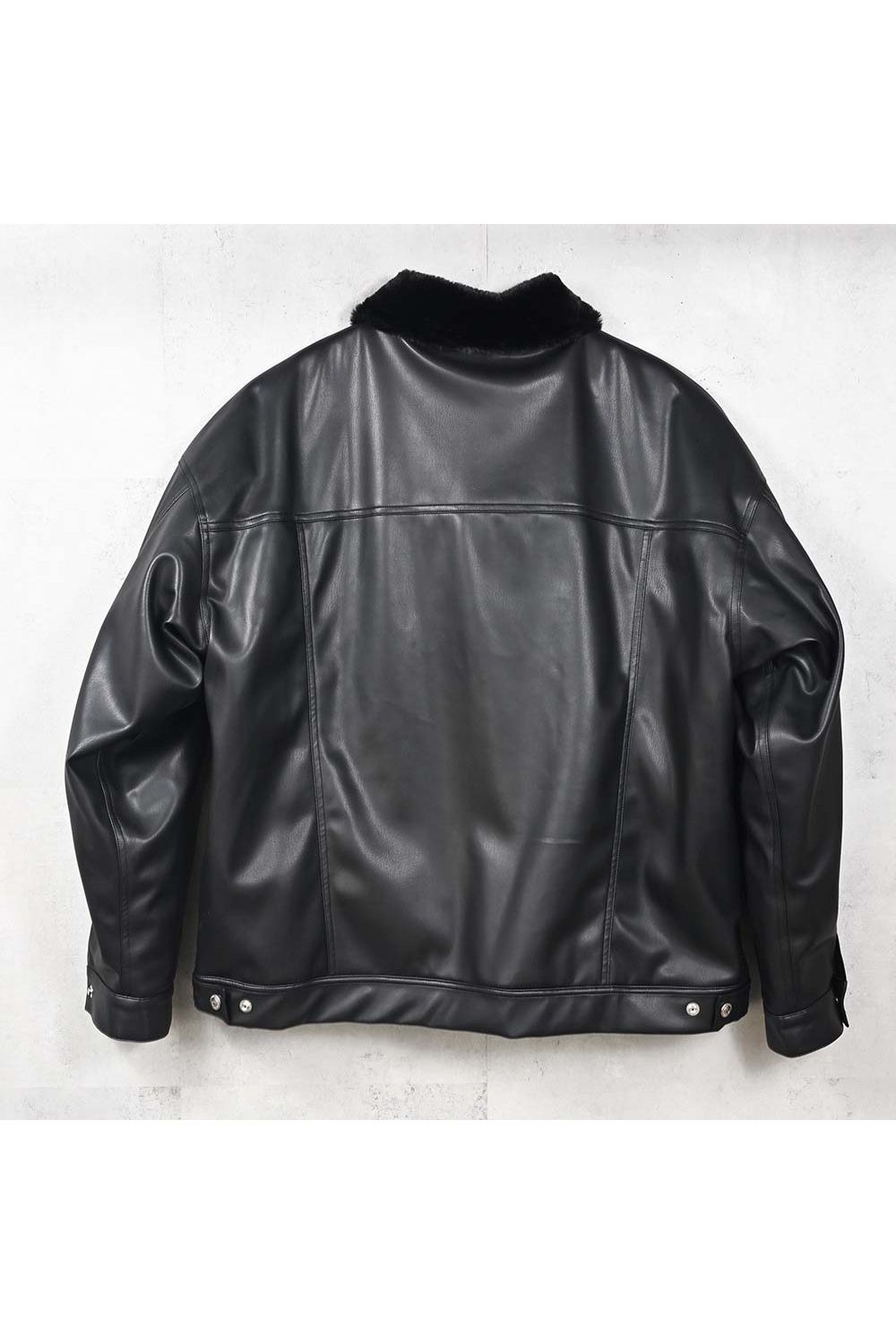 LEATHER FUR OVER  G /  エコレザー オーバーサイズ デニムジャケット (ブラック) (11月中旬入荷予定) ※オーダー締切：9月1日(月)18:00