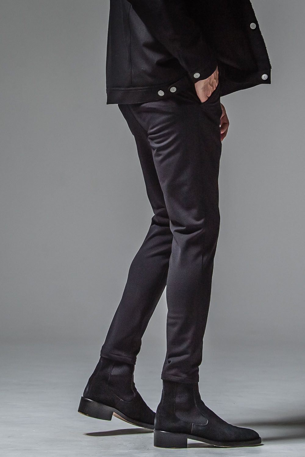 PAT TIGHT EASY PANTS / ストレッチツイル 裏起毛 タイトフィット ウェビングベルト付き イージースラックス ブラック