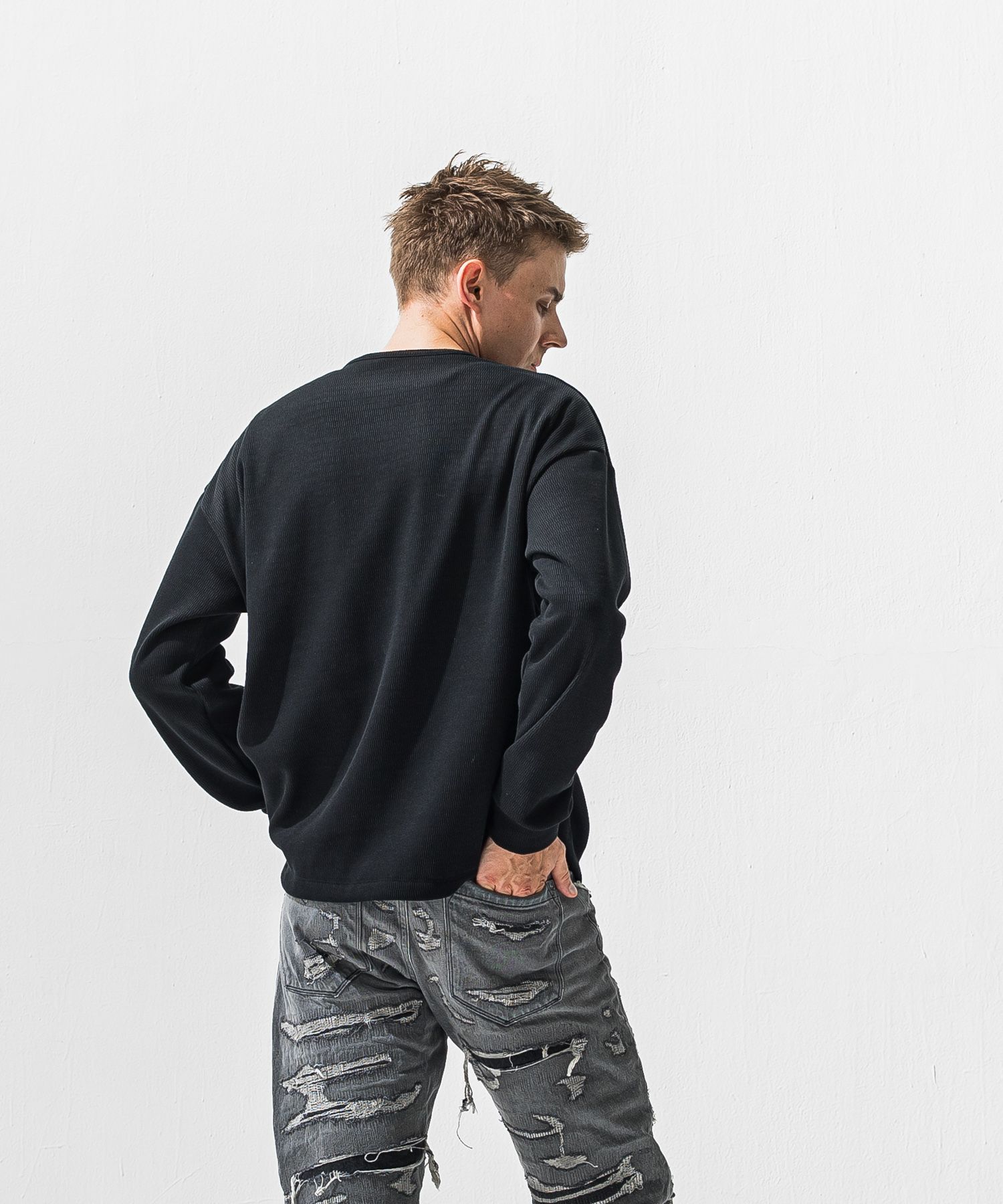 OVER HENRY VELOURS FLEECE THERMAL / 裏起毛 オーバーサイズ サーマル生地 ロングスリーブ ヘンリーネック (ブラック) (10月下旬入荷予定) ※オーダー締切:9月7日(月)17時