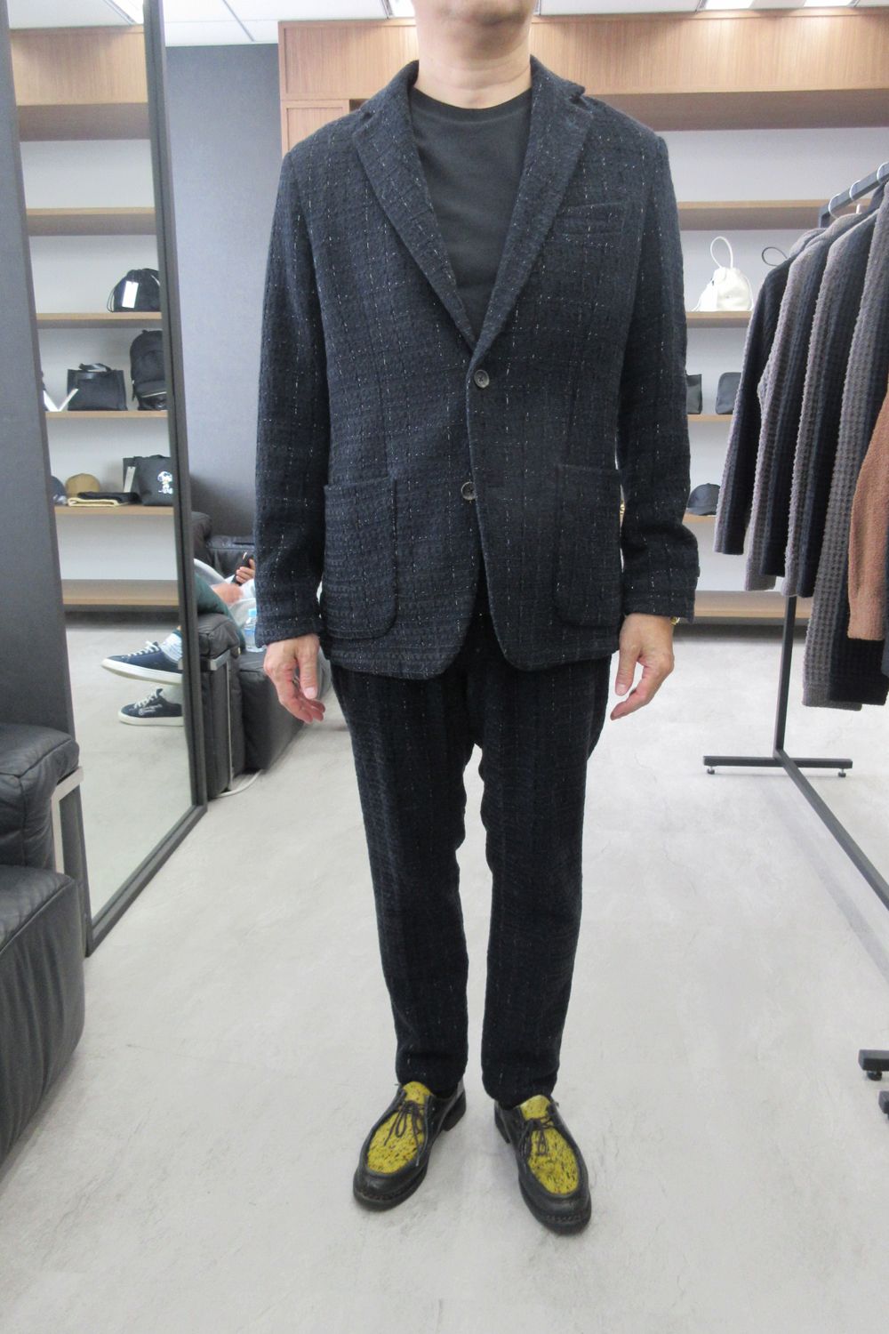 【26AW】【セットアップ】 LAME SQUARE JACQUARD JACKET / ファンシーツイード テーラードシングルジャケット&イージースラックス (ネイビー) (9月上旬入荷予定)