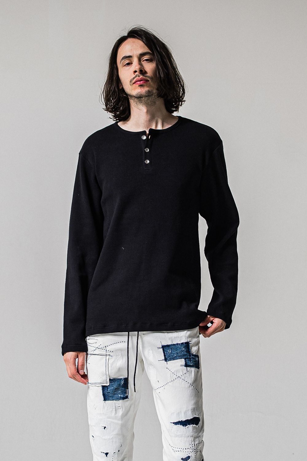 WAFFLE HENRY TEE / ワッフル ヘンリーTシャツ (ブラック) (1月中旬入荷予定)