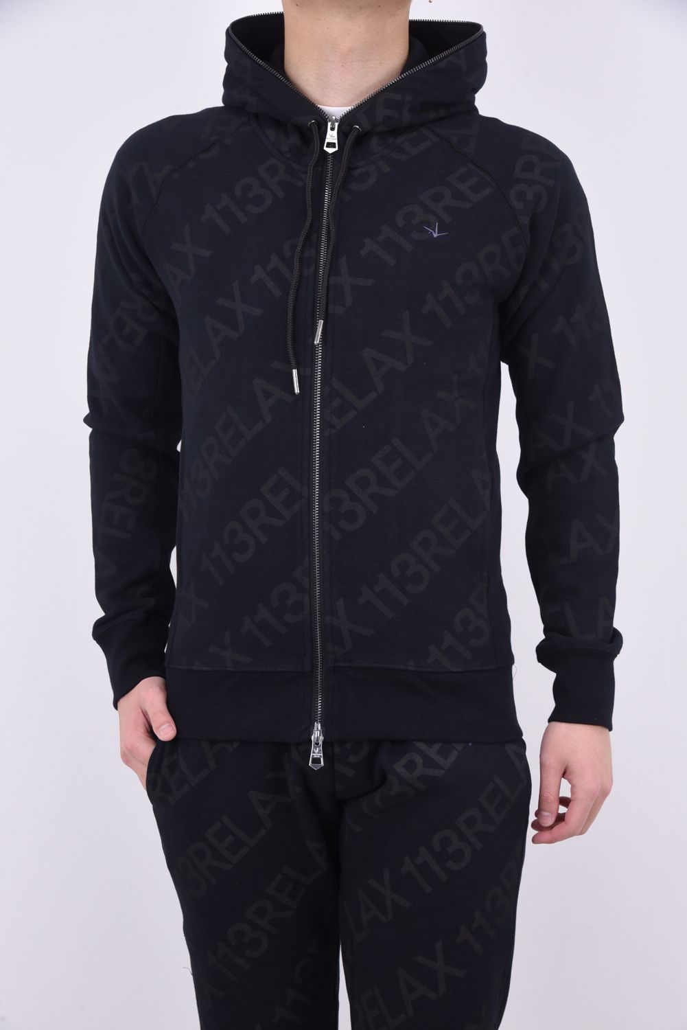 DIAGONAL LOGO HOODIE / サイドリブ ダイアゴナルロゴ ジップアップパーカー ブラック