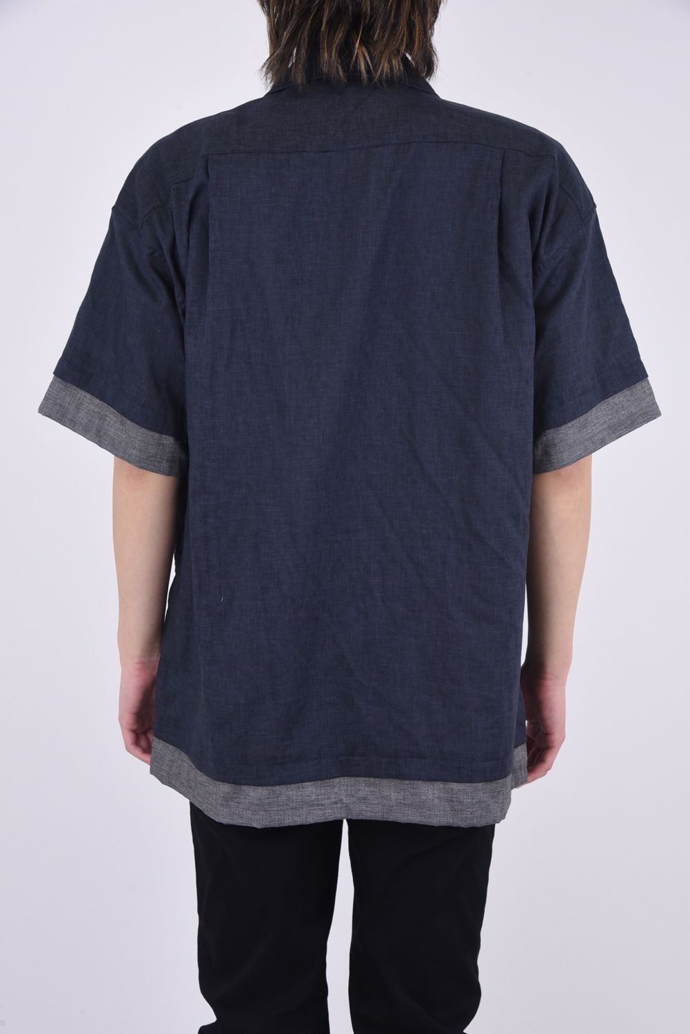 LAYERED HALF SLEEVES OPEN COLLAR SHIRT / レイヤード オープンカラー 半袖 シャツ チャコール